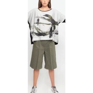 OZAI N KU Striped Wide Leg Bermuda Shorts M Olive Green M